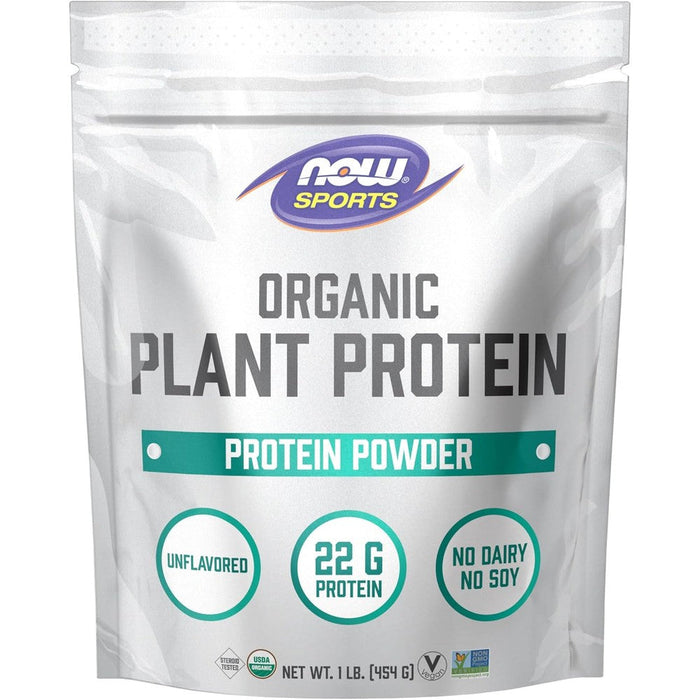 NOW Sports Organic Plant Protein Unflavored 1 Pound front label showing 22g protein.