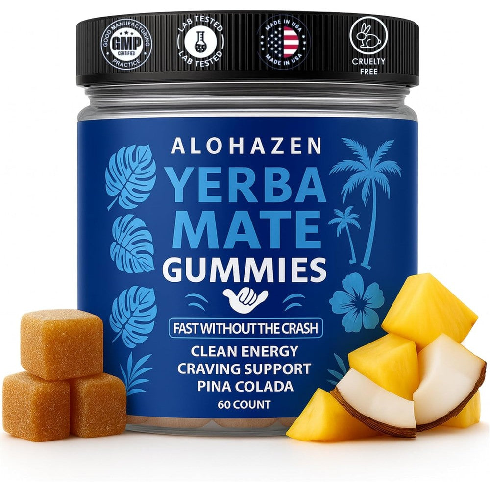 AlohaZen Yerba Mate Gummies 60 count bottle front view for clean energy.