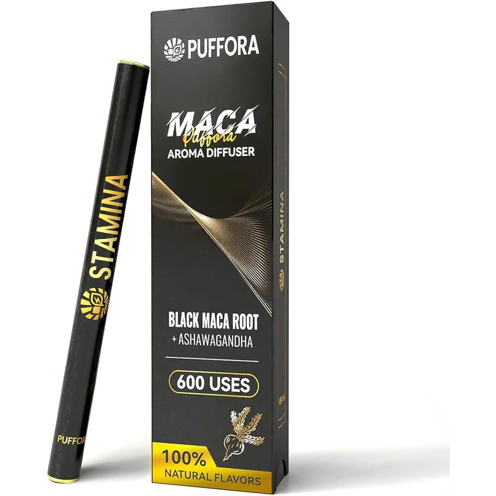Puffora Maca Diffuser Pen front view showing berry flavor packaging and energy stick design.