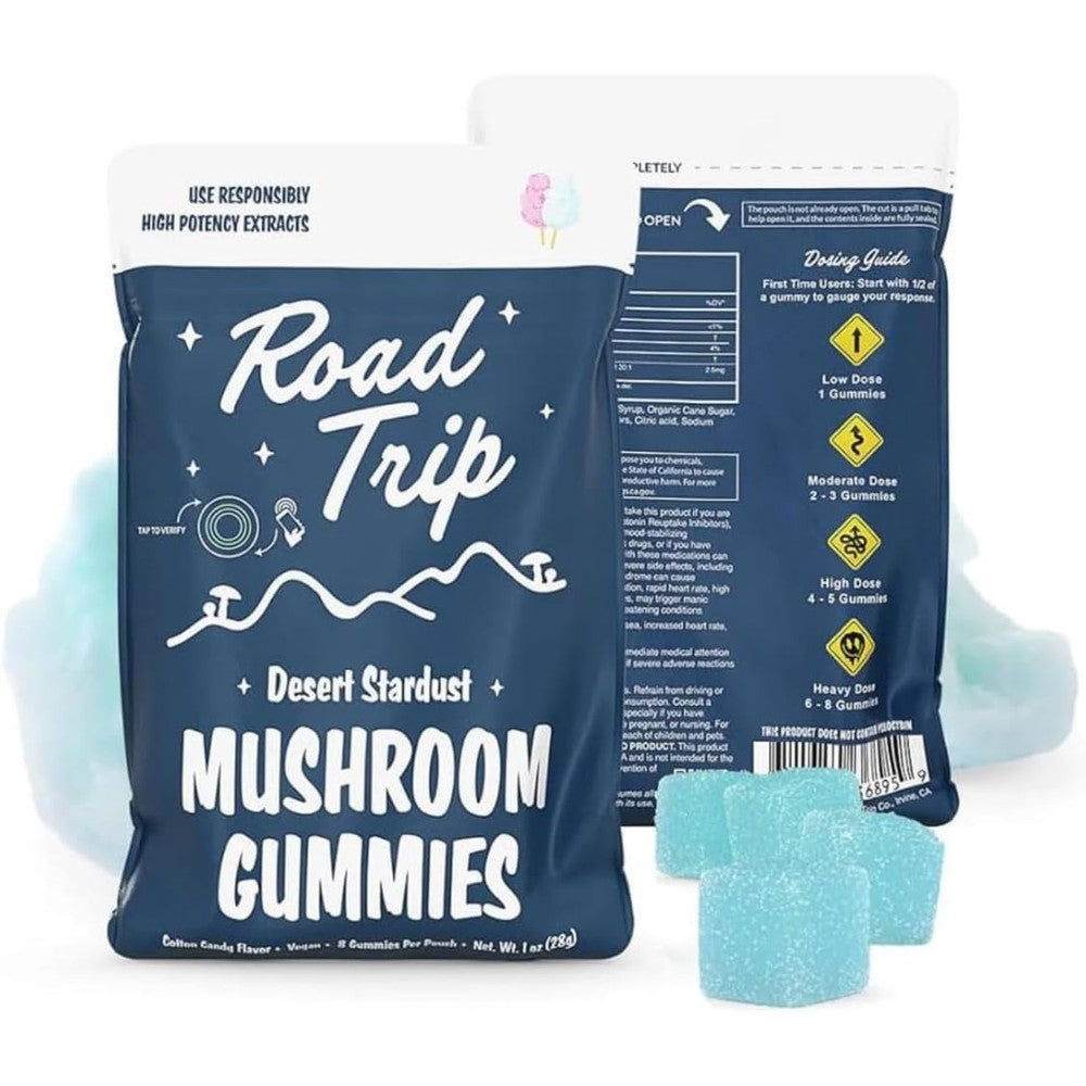 Road Trip Desert Stardust Mushroom Gummies front pouch view for mood enhancement