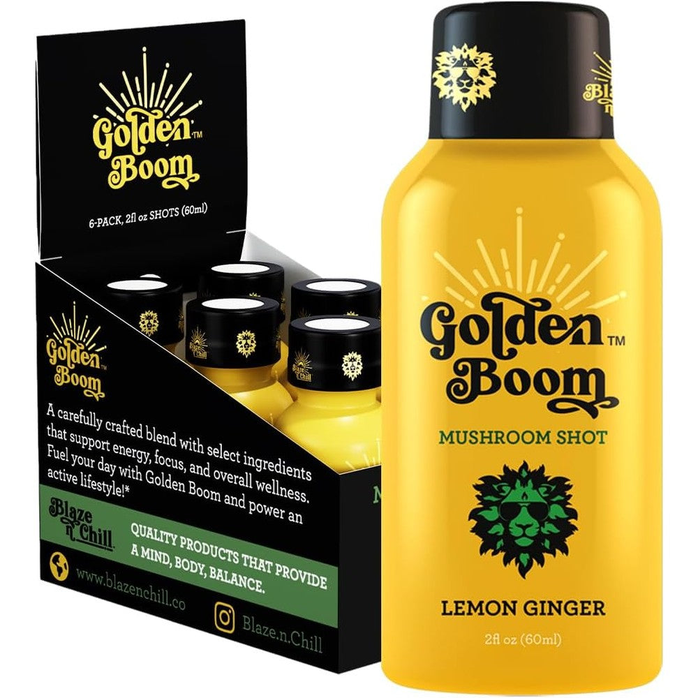 Blaze n Chill Golden Boom Energy and Focus Shot front view imported mushroom supplement