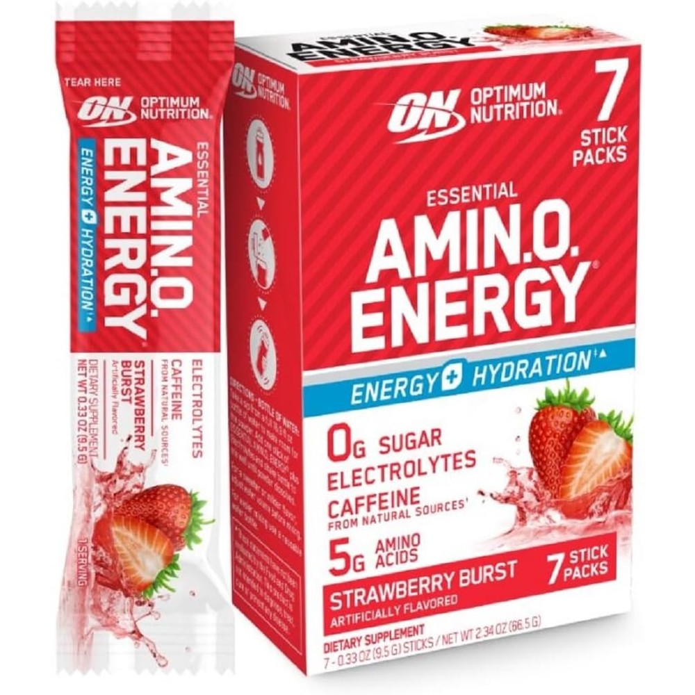Optimum Nutrition Essential Amino Energy Electrolytes Strawberry Burst 7 Pack front view for hydration.