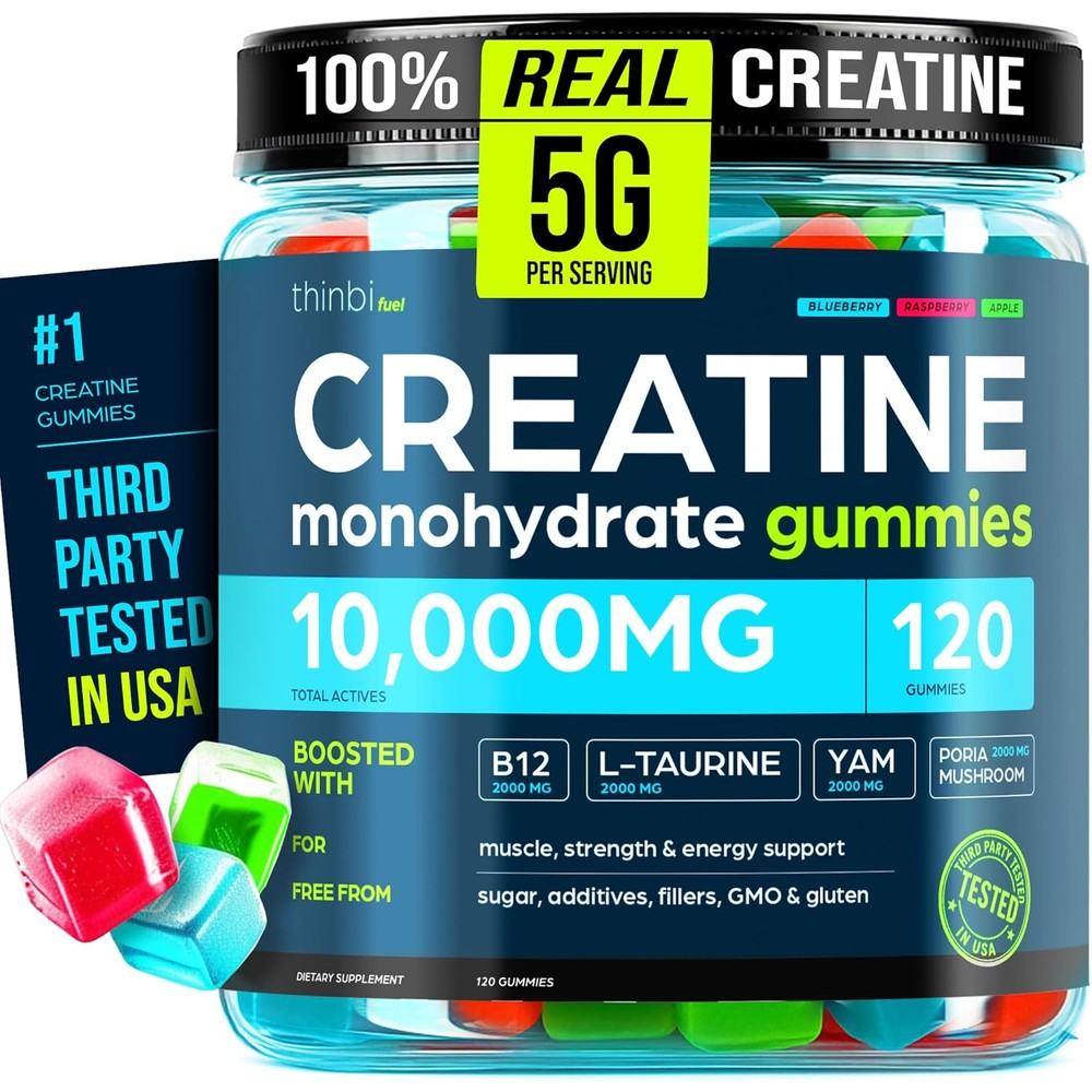 Thinbi Creatine Monohydrate Gummies 120 count bottle front view for muscle building.