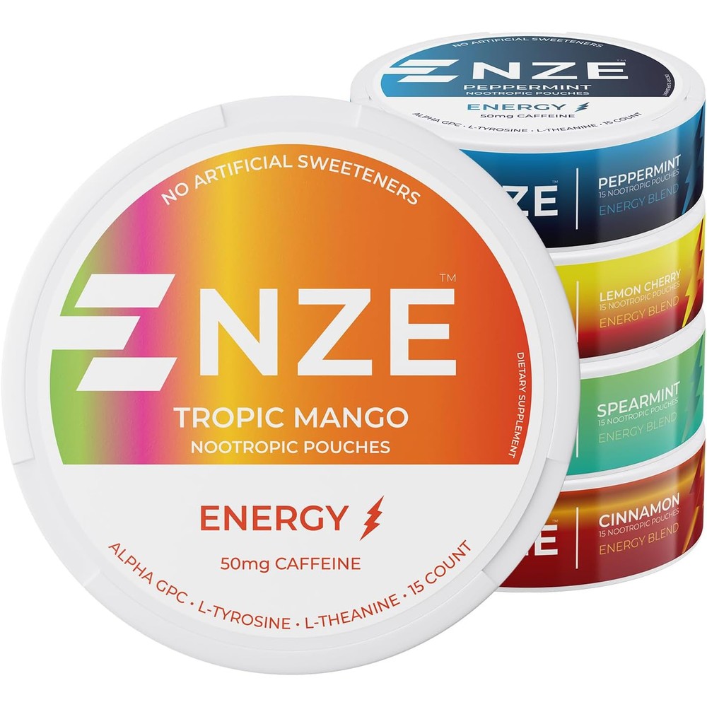 NZE Caffeine Nootropic Pouches Variety Pack front view of five cans.