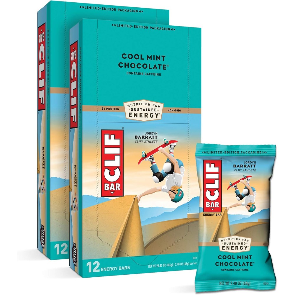 CLIF Bar Cool Mint Chocolate Energy Bars 24 Count front view protein chocolate