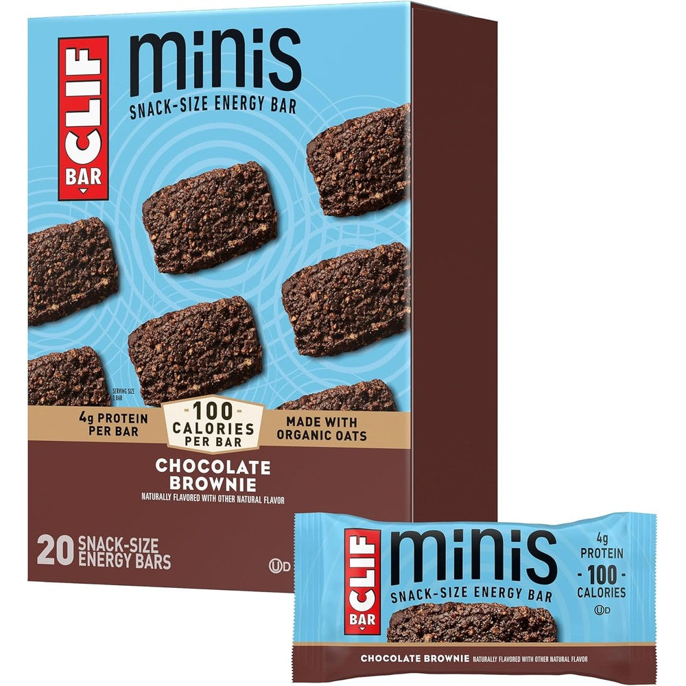 CLIF BAR Minis Chocolate Brownie 20 Pack box front view for energy snacks best rated protein bars
