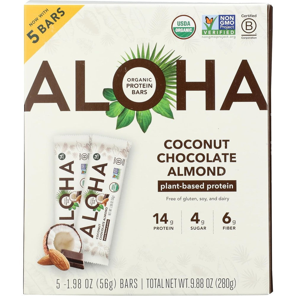 Aloha Organic Coconut Chocolate Almond Protein Bar 5 count box front view vegan snack
