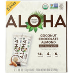Aloha Organic Coconut Chocolate Almond Protein Bar 5 count box front view vegan snack