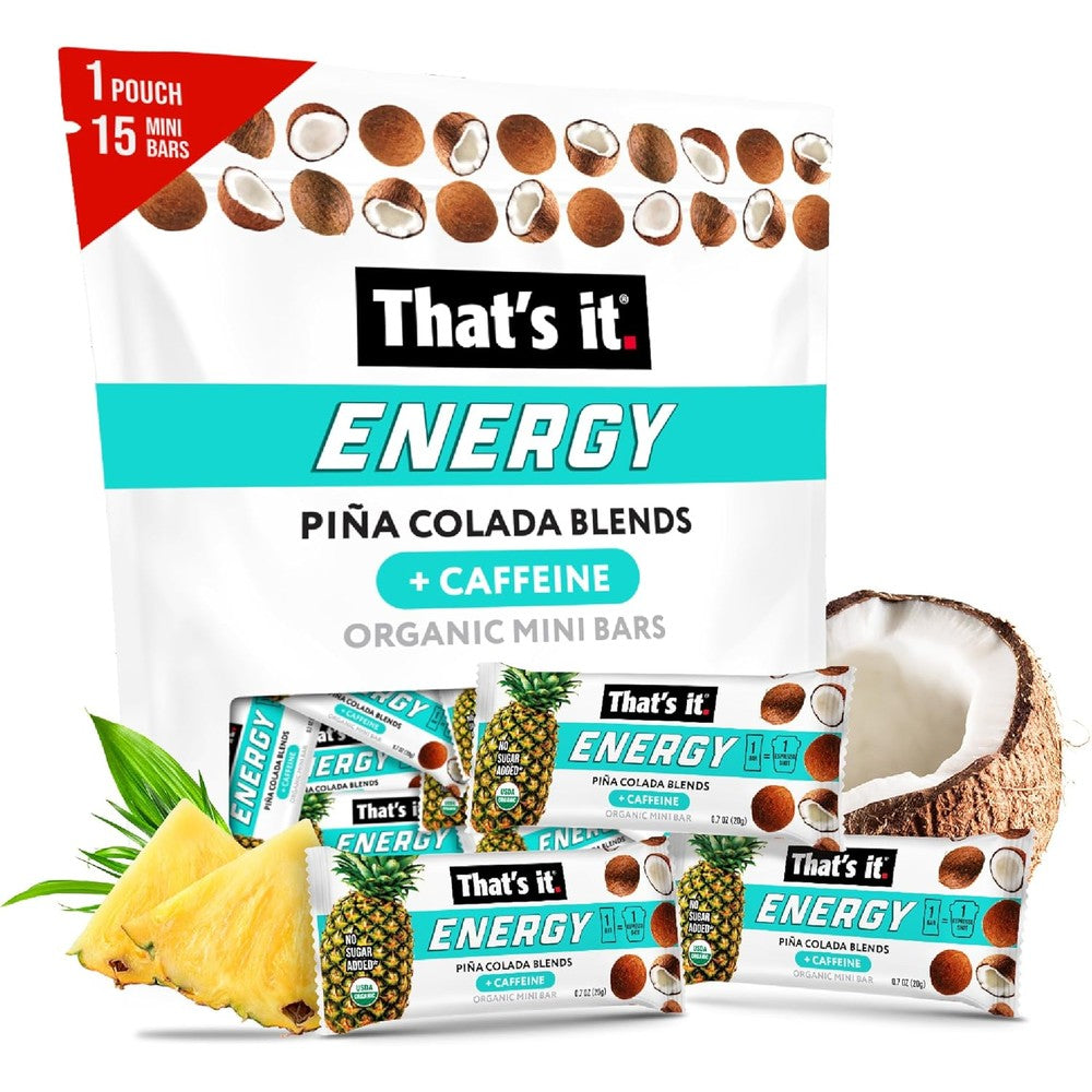 That's it. Piña Colada Caffeine Blends Energy Mini Bars 15 count pack front view.