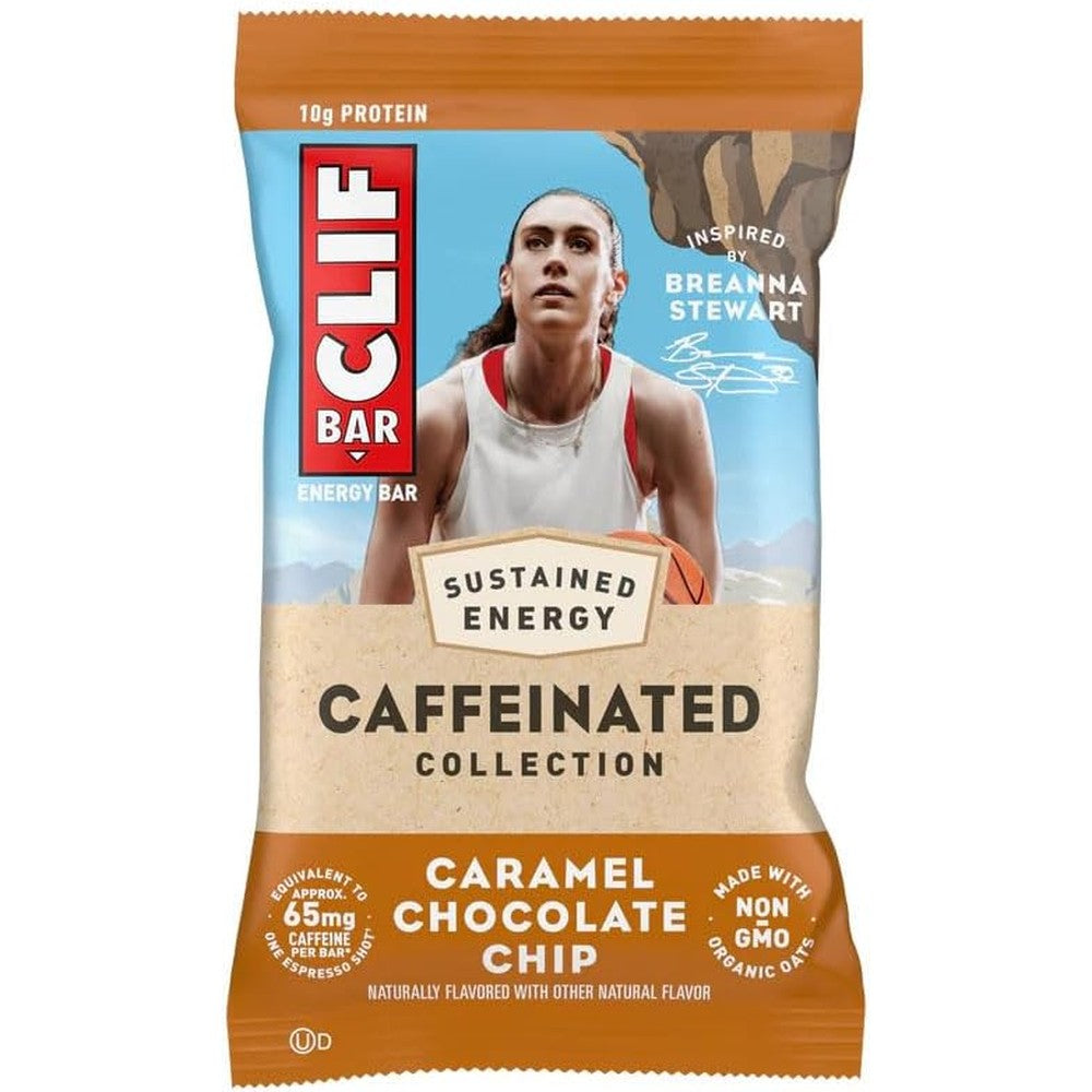 Clif Bar Caffeinated Caramel Chocolate Chip 68g front packaging view showing caffeine content.