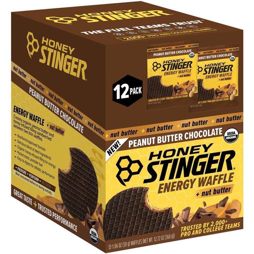 Honey Stinger Organic Peanut Butter Chocolate Waffles 12 count box front view energy snack.