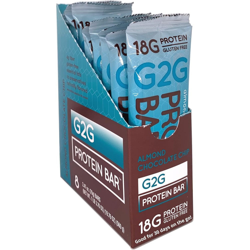 G2G Almond Chocolate Chip Protein Bar 8 count box front view showing 18g protein label.