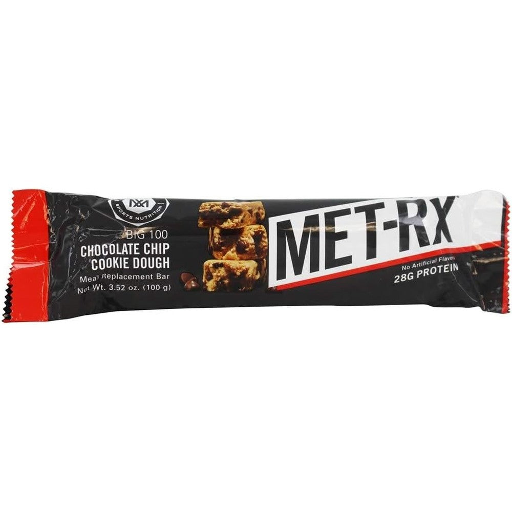 MET-Rx Big 100 Meal Replacement Bar Chocolate Chip Cookie Dough front packaging high protein snack
