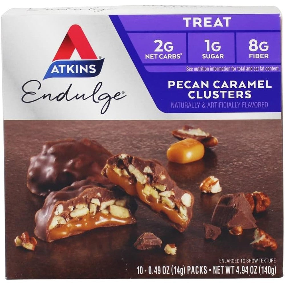 Atkins Endulge Pecan Caramel Clusters box front view low carb snack