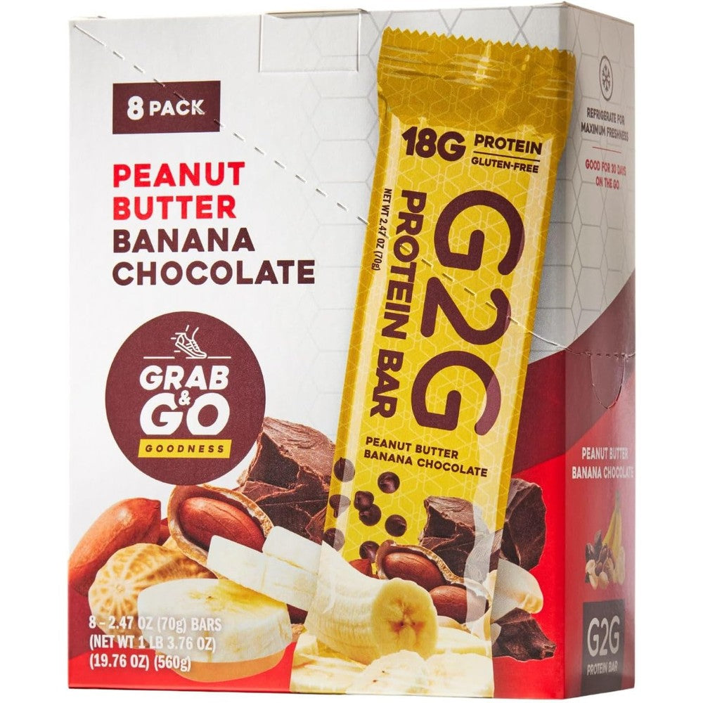 G2G Peanut Butter Banana Chocolate Protein Bar 8 count box front view