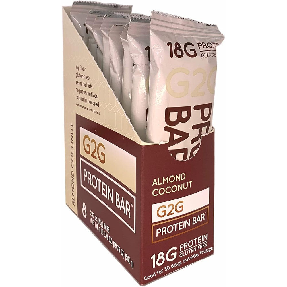 G2G Protein Bar Almond Coconut 8 Count box front view real food snack