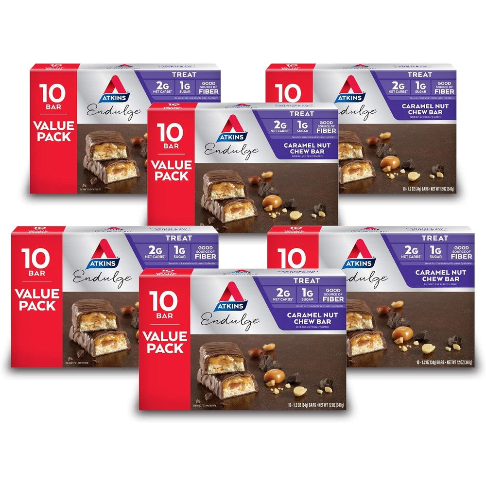 Atkins Endulge Caramel Nut Chew Bar front packaging 60 count box