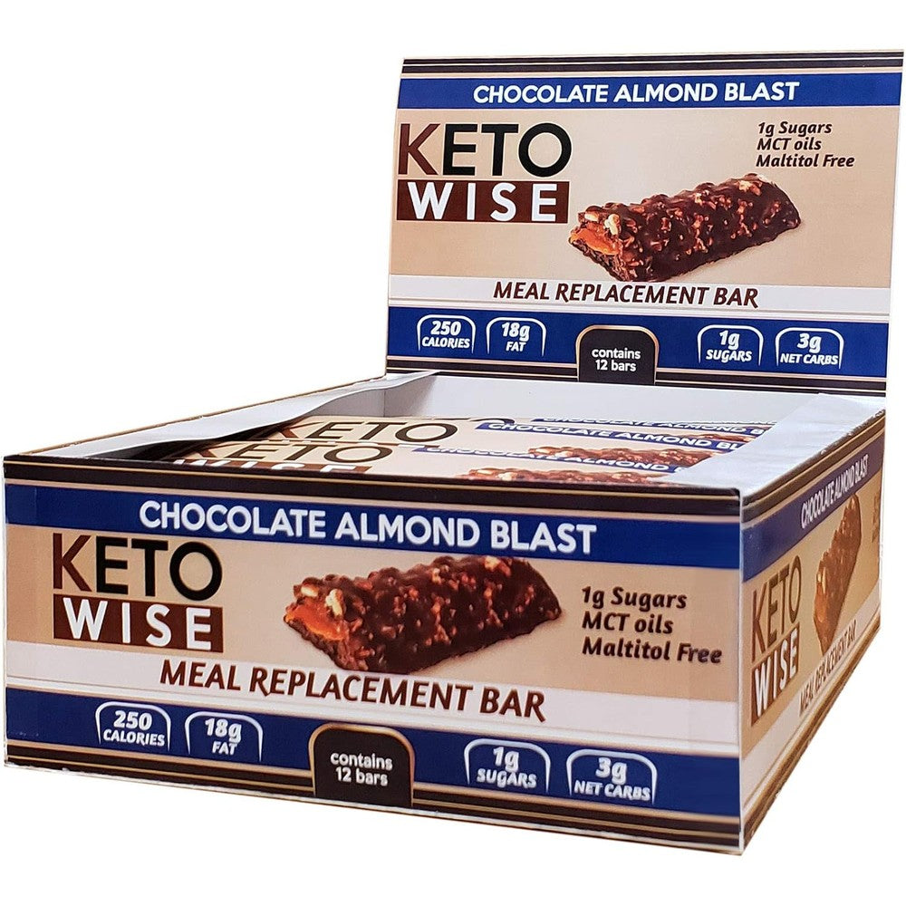 Keto Wise Meal Replacement Bar Chocolate Almond Blast 12 count box front view for keto dieting.
