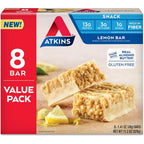 Atkins Lemon Snack Bar front packaging showing 8 count box for keto snacking
