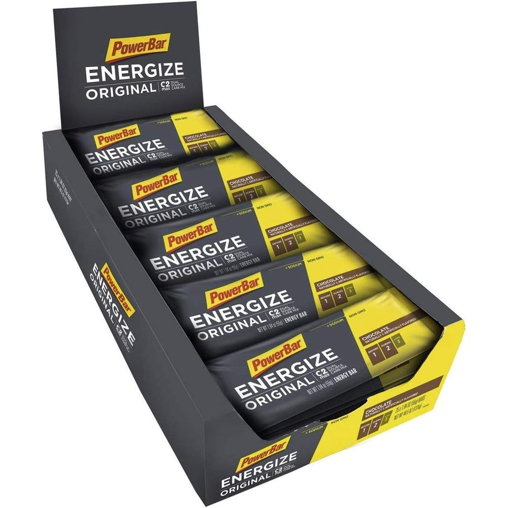 PowerBar Energize Original Chocolate 25 pack front view high performance energy bars