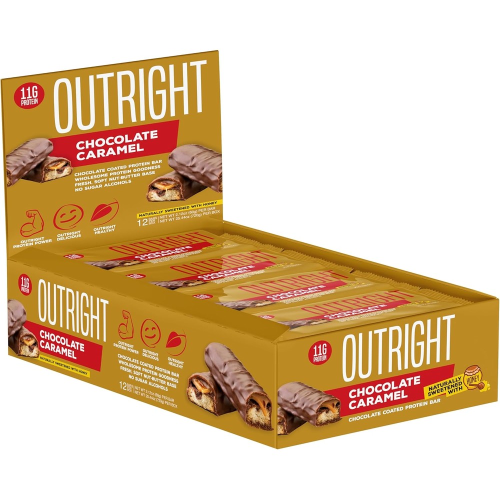 MTS Nutrition Outright Bar Chocolate Caramel 12 Pack front view high protein snack