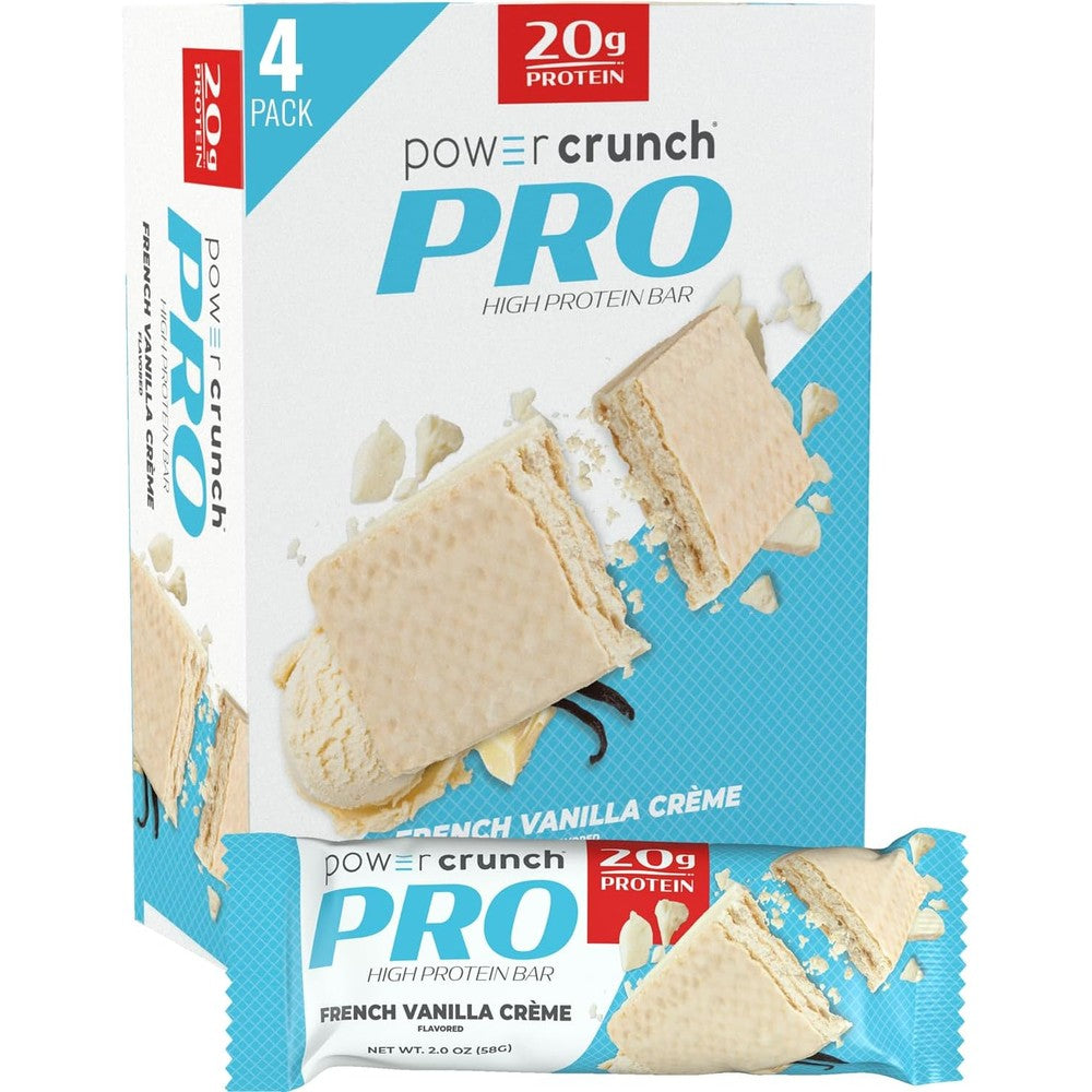 Power Crunch PRO French Vanilla 4 count front packaging showing 20g protein.