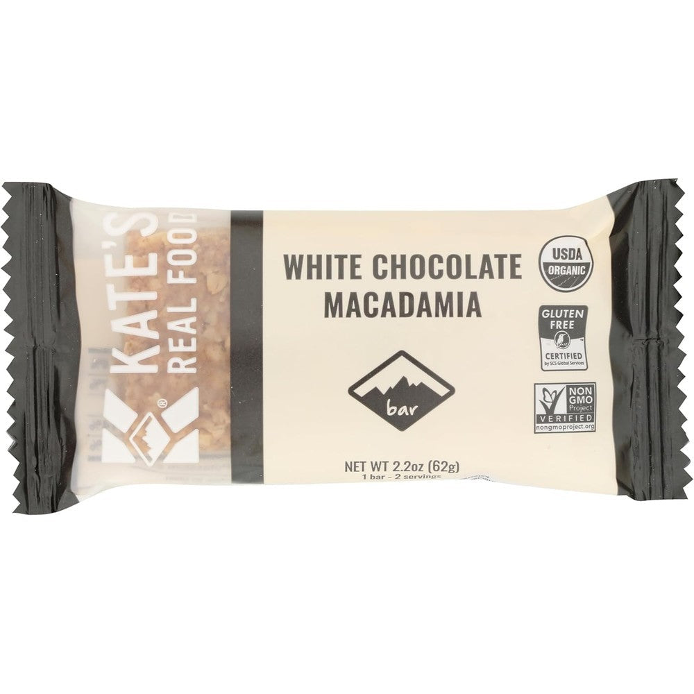 Kate's Real Food Organic White Chocolate Macadamia Bar front packaging view organic energy snack.