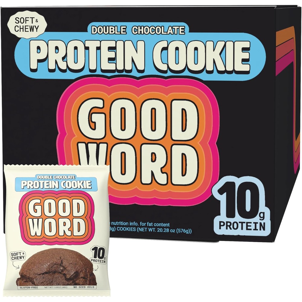 Good Word Double Chocolate Protein Cookie front view of 12 pack box