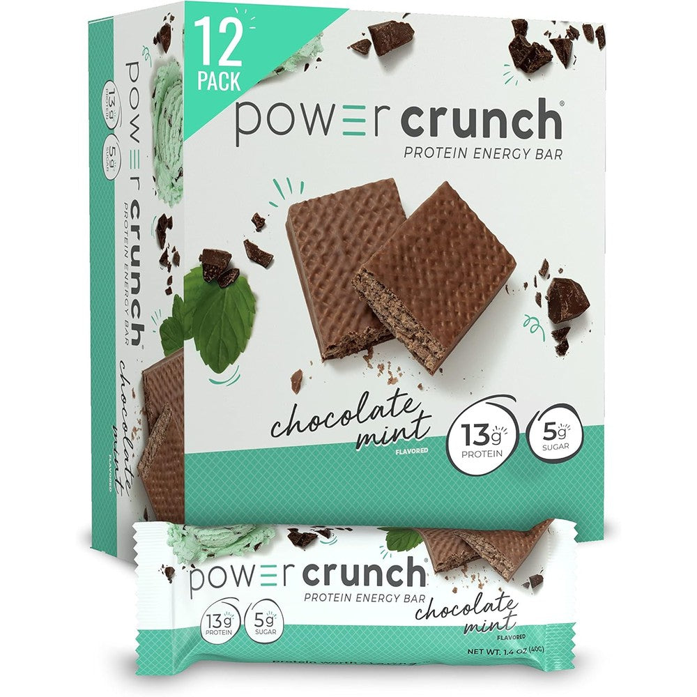Power Crunch Chocolate Mint Protein Wafer Bars 12 count box front view