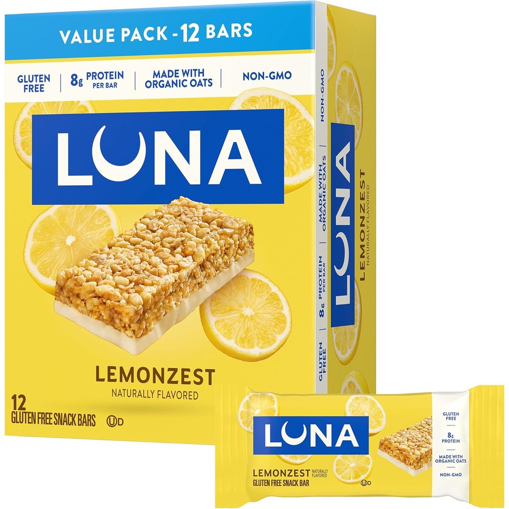 LUNA Bar LemonZest 12 pack front view of packaging for gluten free snacks.