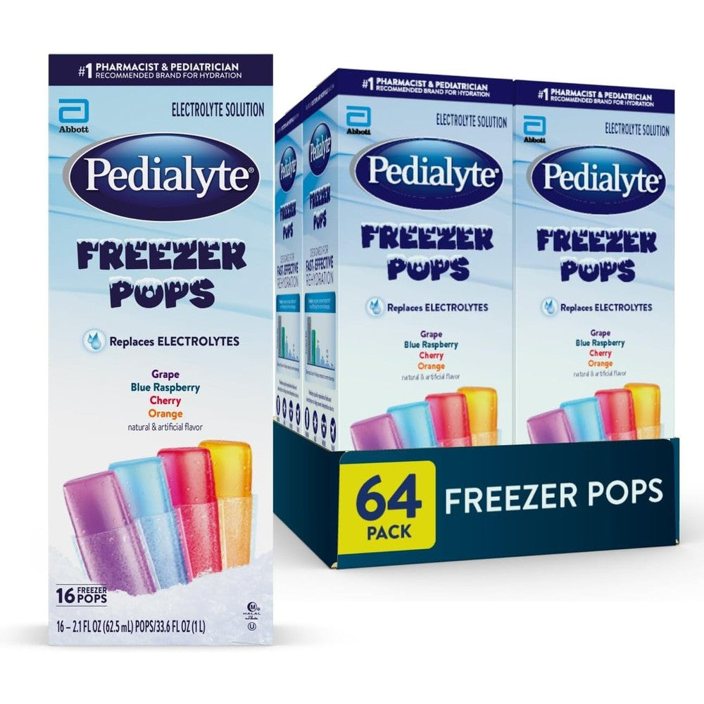 Pedialyte electrolyte solution freezer pops front view variety pack packaging.
