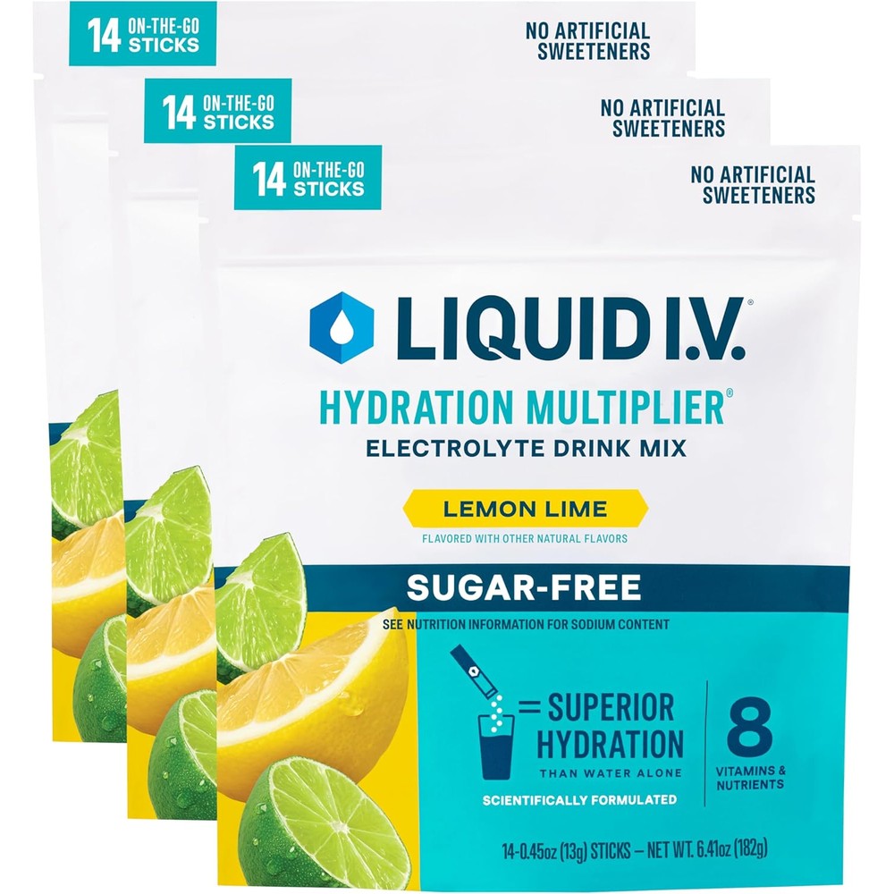 Liquid I.V. hydration multiplier sugar free lemon lime 42 servings showing electrolyte powder sticks.