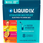 Liquid I.V. Hydration Multiplier Variety Pack front view showing 16 electrolyte packets.