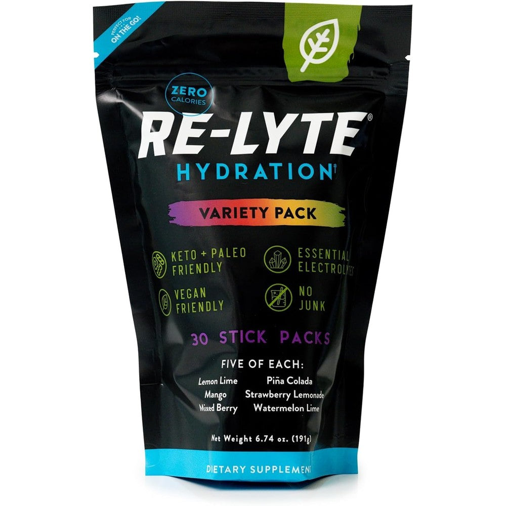 REDMOND Re-Lyte Hydration Variety Pack front view showing 30 stick packs.