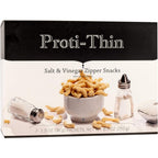 Proti-Thin Salt and Vinegar Zipper Snacks front box view high protein diet crisps