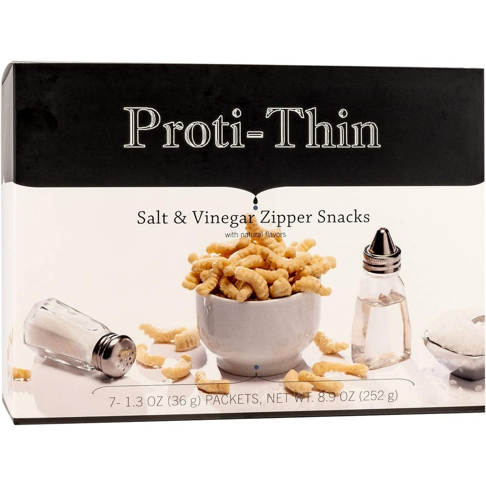 Proti-Thin Salt and Vinegar Zipper Snacks front box view high protein diet crisps