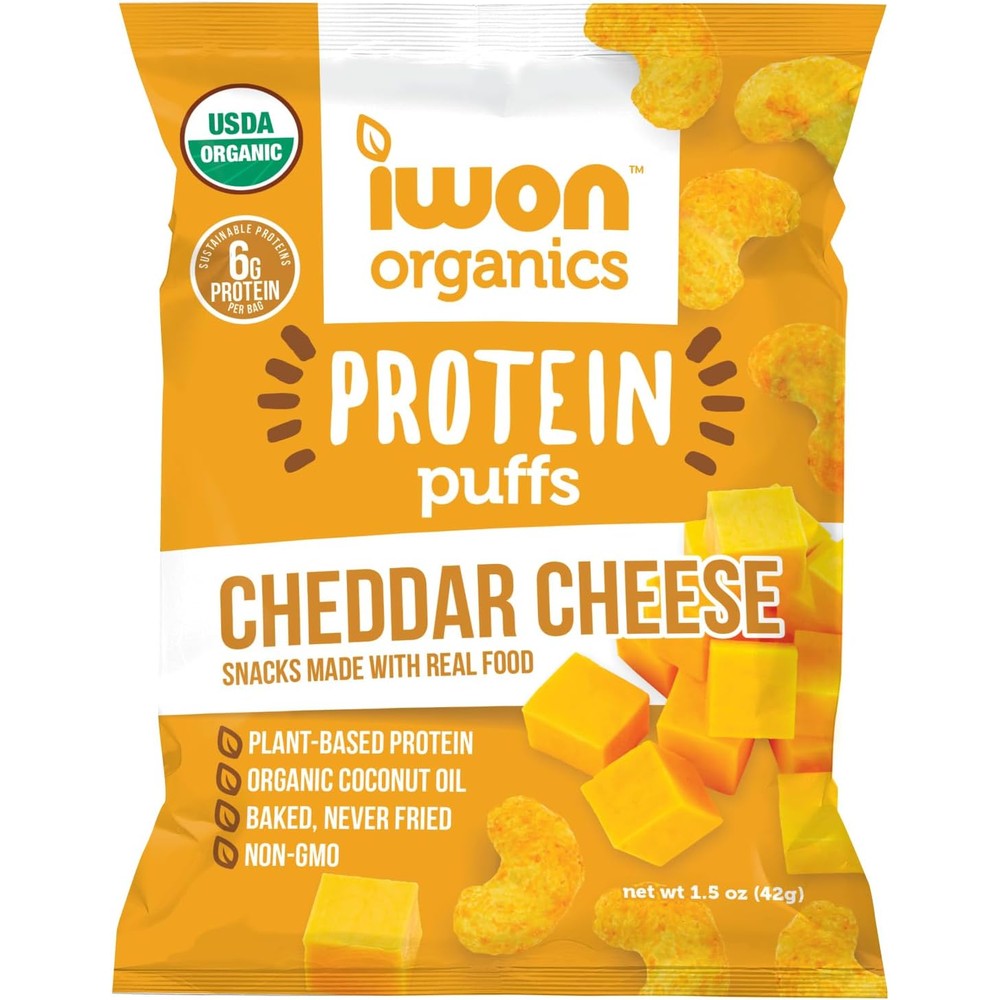 IWON Organics Cheddar Cheese Protein Puffs 8 bag pack front view