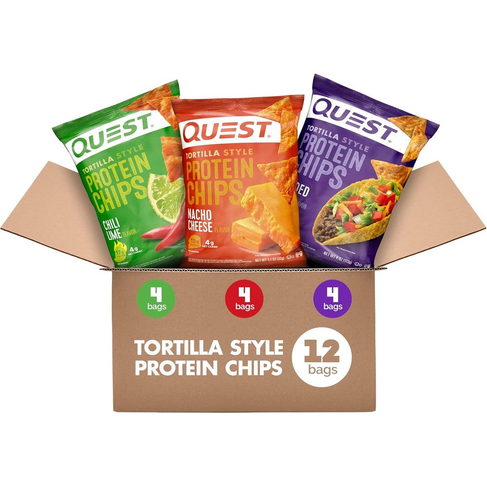 Quest Nutrition Tortilla Style Protein Chips Variety Pack front view showing 12 individual bags.