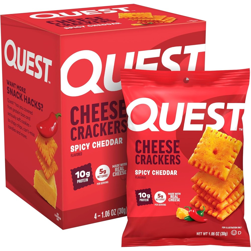 Quest Nutrition Spicy Cheddar Cheese Crackers front view 4 pack box
