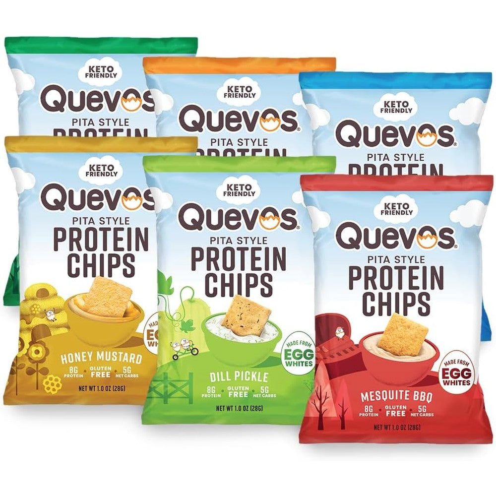 Quevos Egg White Protein Chips variety pack front view for keto snacking