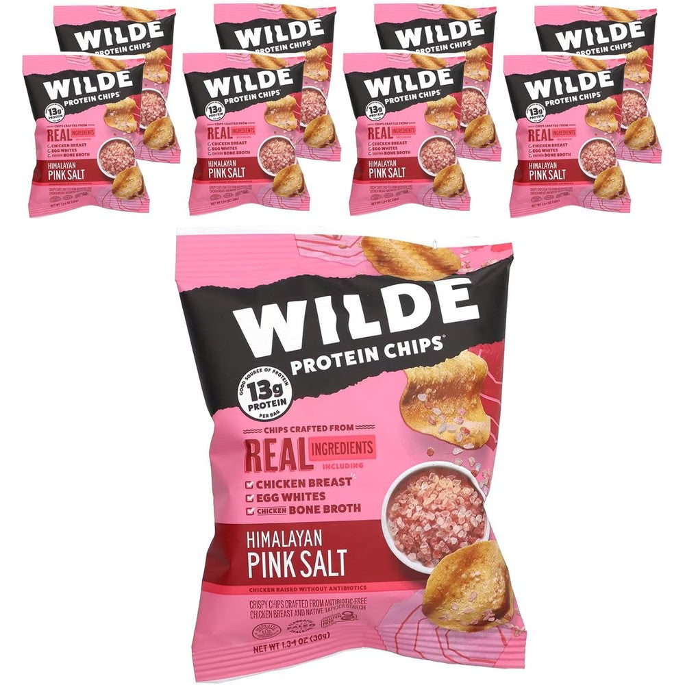 Wilde Brands Himalayan Pink Salt Protein Chips front packaging showing 13g protein claim.