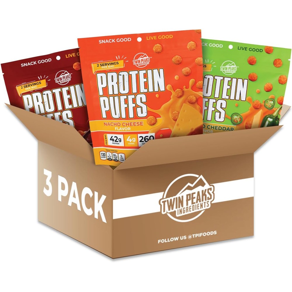 Twin Peaks Ingredients Protein Puffs variety pack front view high protein snack.