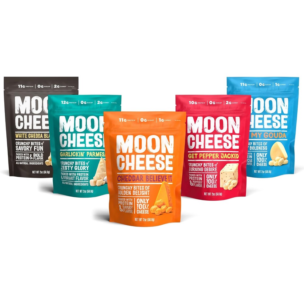 Moon Cheese Variety Pack front view showing five different flavor bags