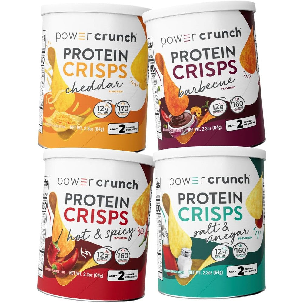 Power Crunch Protein Crisps Variety Pack front view showing four assorted canisters.