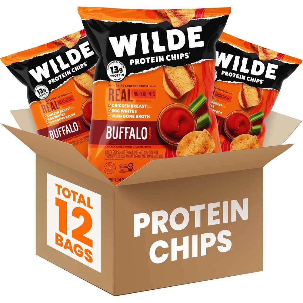 Wilde Buffalo Style Protein Chips 12 pack box front view high protein snack