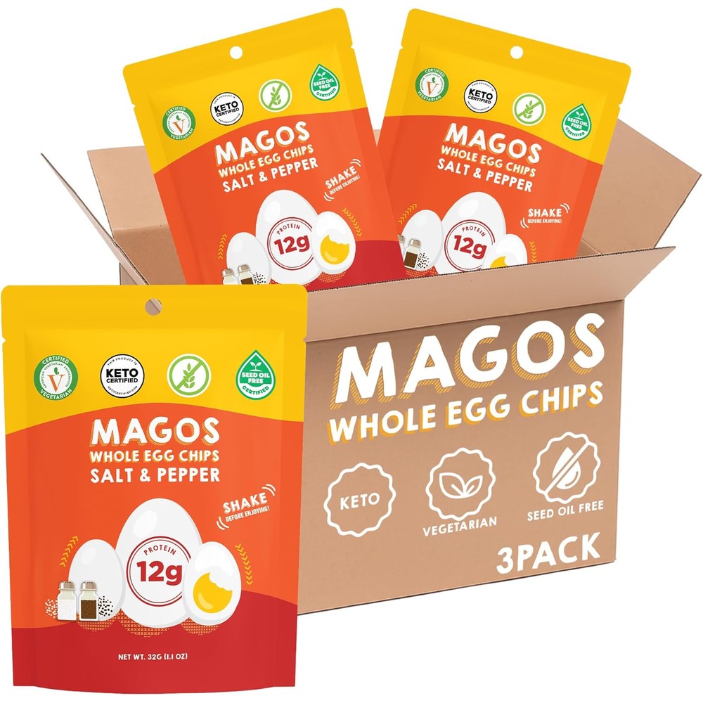 Magos Salt and Pepper Egg Chips 3-pack front view high protein snack