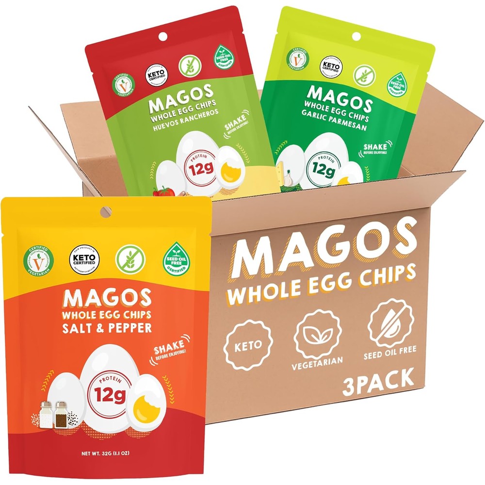 Magos Egg Chips Variety Pack front view high protein healthy snacks.