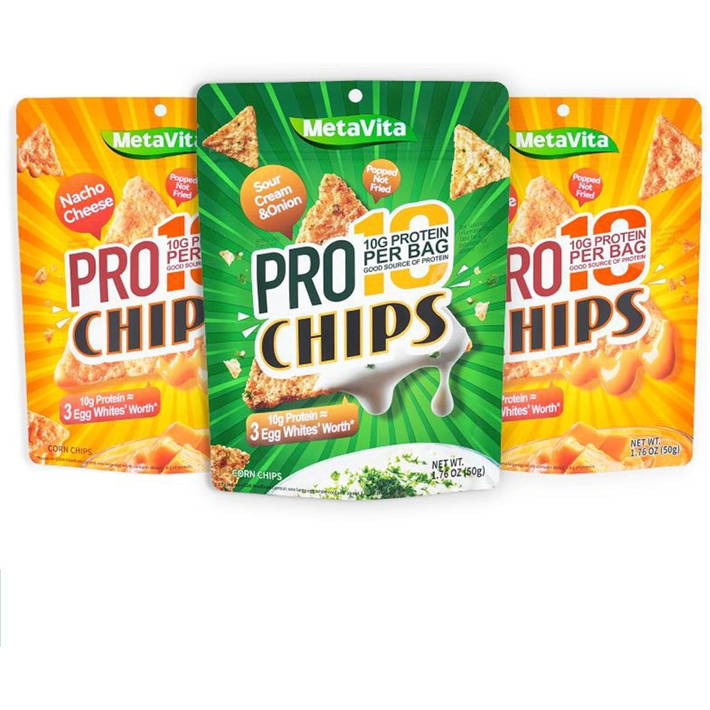 BIO NUTRI High Protein Chips variety pack front view showing Nacho and Sour Cream flavors.