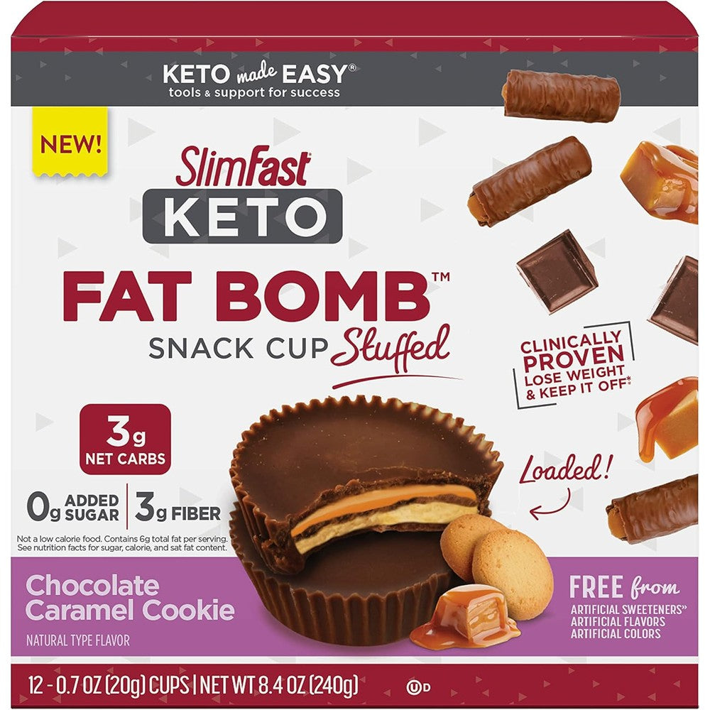 SlimFast Keto Fat Bomb Stuffed Snack Cup Chocolate Caramel Cookie front packaging view