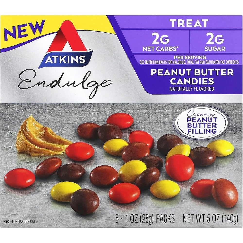 Atkins Endulge Peanut Butter Candies front packaging showing 5 count box for keto snacking.